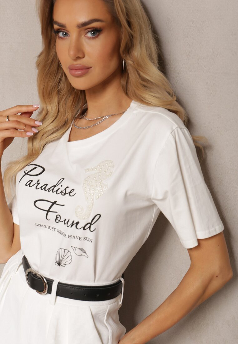 glo-story Tricou Alb Casual din Bumbac cu Imprimeu și Perle Biolexa