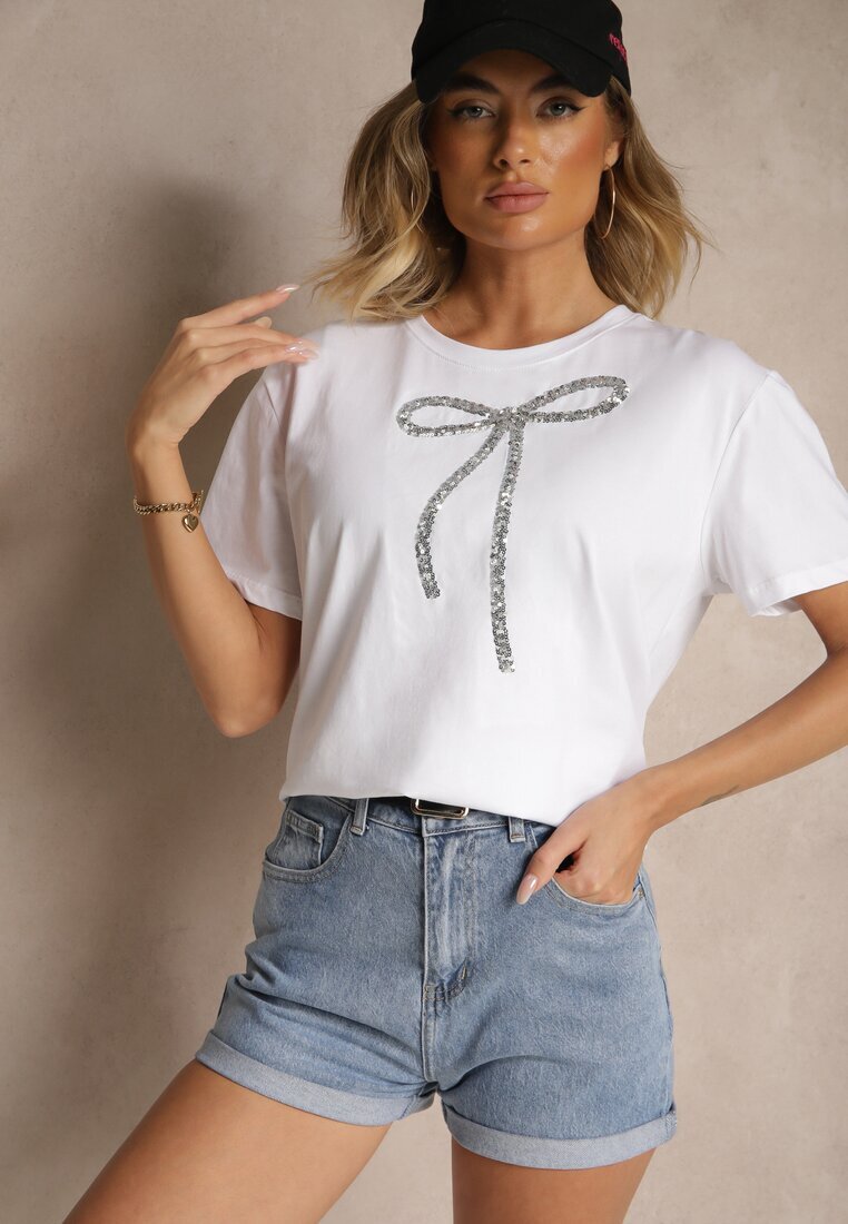 glo-story Tricou Alb din bumbac cu Aplicație cu paiete în formă de Fundă Tenuria