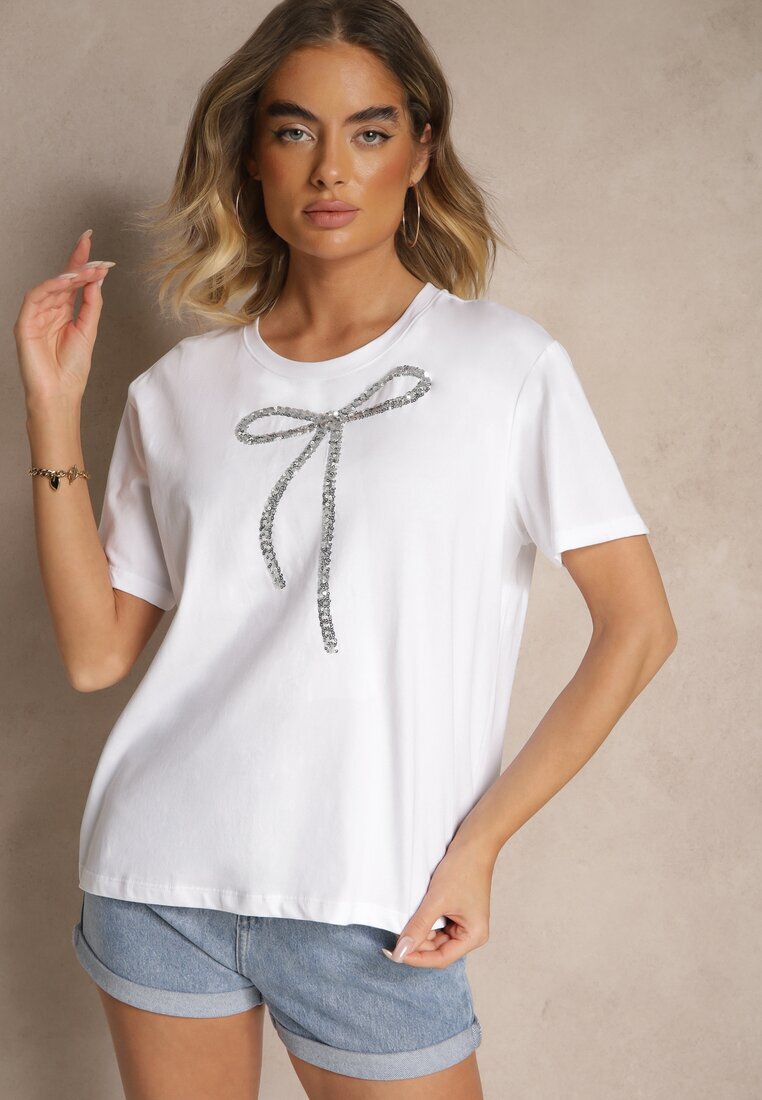 glo-story Tricou Alb din bumbac cu Aplicație cu paiete în formă de Fundă Tenuria