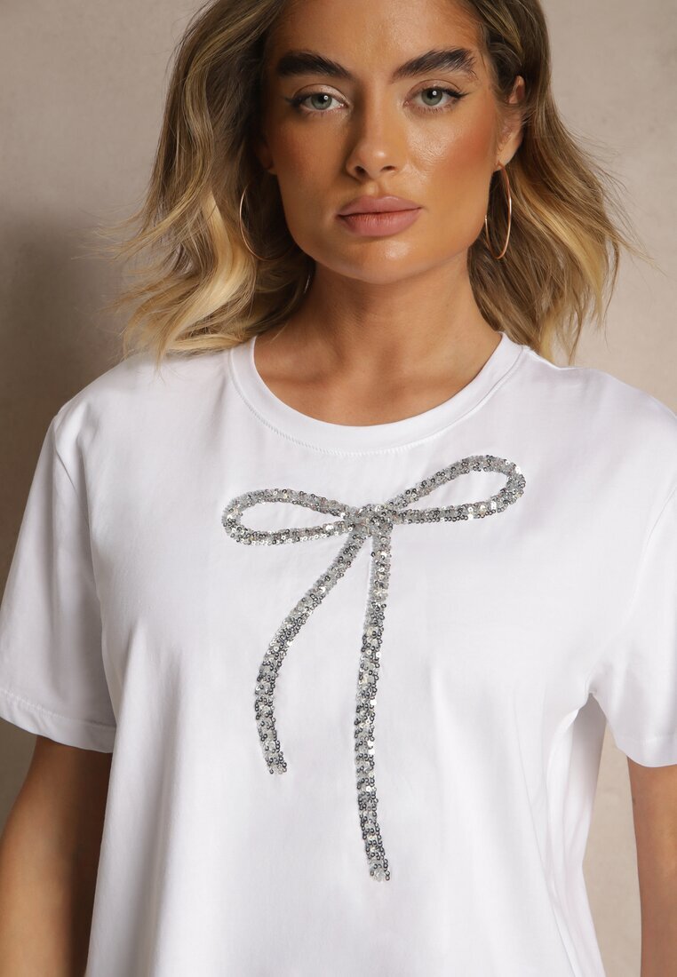 glo-story Tricou Alb din bumbac cu Aplicație cu paiete în formă de Fundă Tenuria