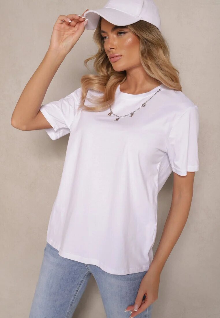 glo-story Tricou Alb din Bumbac cu Lanț Decorativ Imitând Colierul Sohna