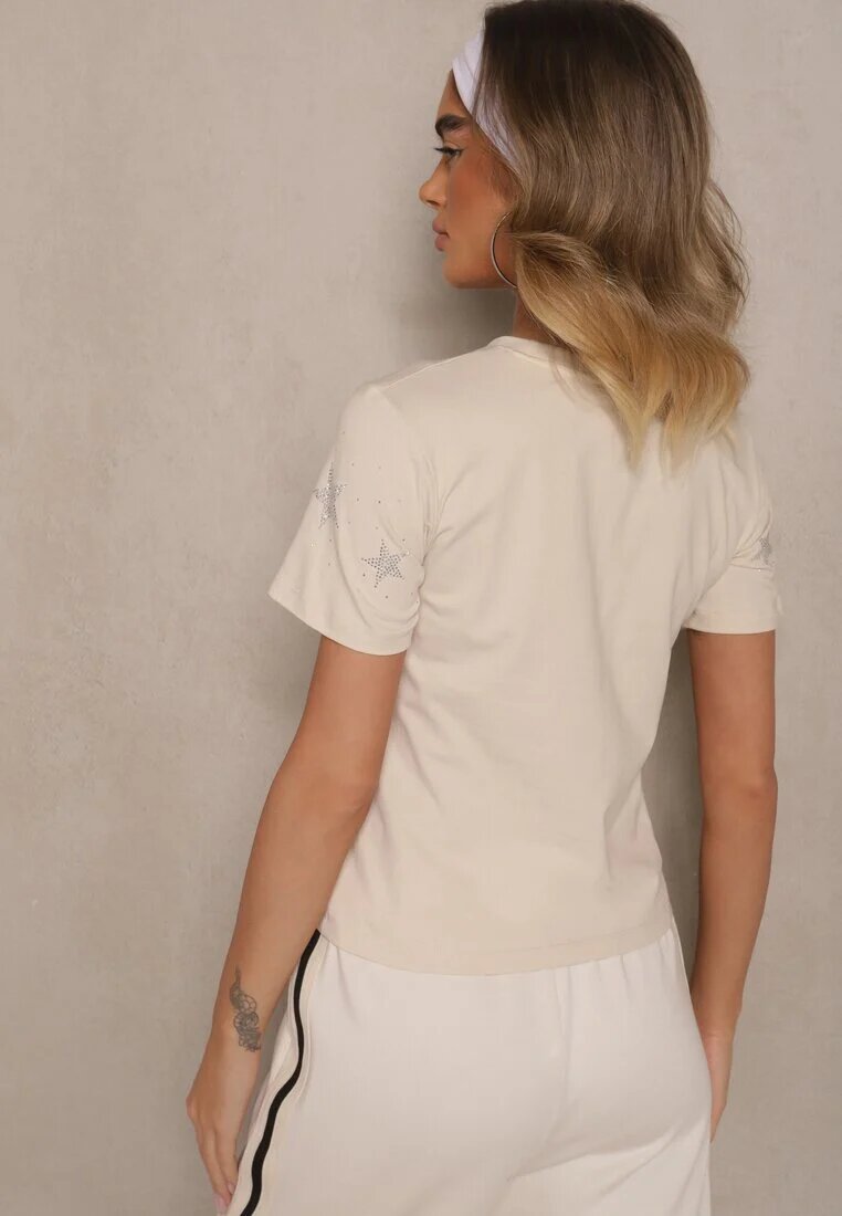 glo-story Tricou Bej din Bumbac Decorat cu Steluțe cu Strasuri de Zirconiu Tenenisa