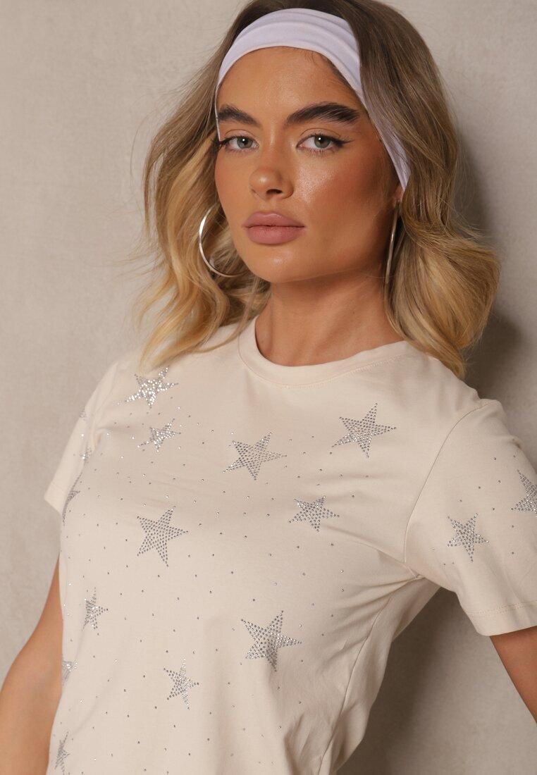 glo-story Tricou Bej din Bumbac Decorat cu Steluțe cu Strasuri de Zirconiu Tenenisa