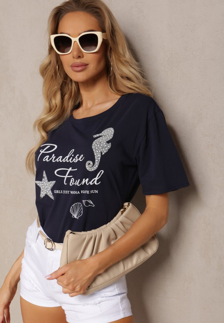 glo-story Tricou casual bleumarin din bumbac cu imprimeu și perle Biolexa