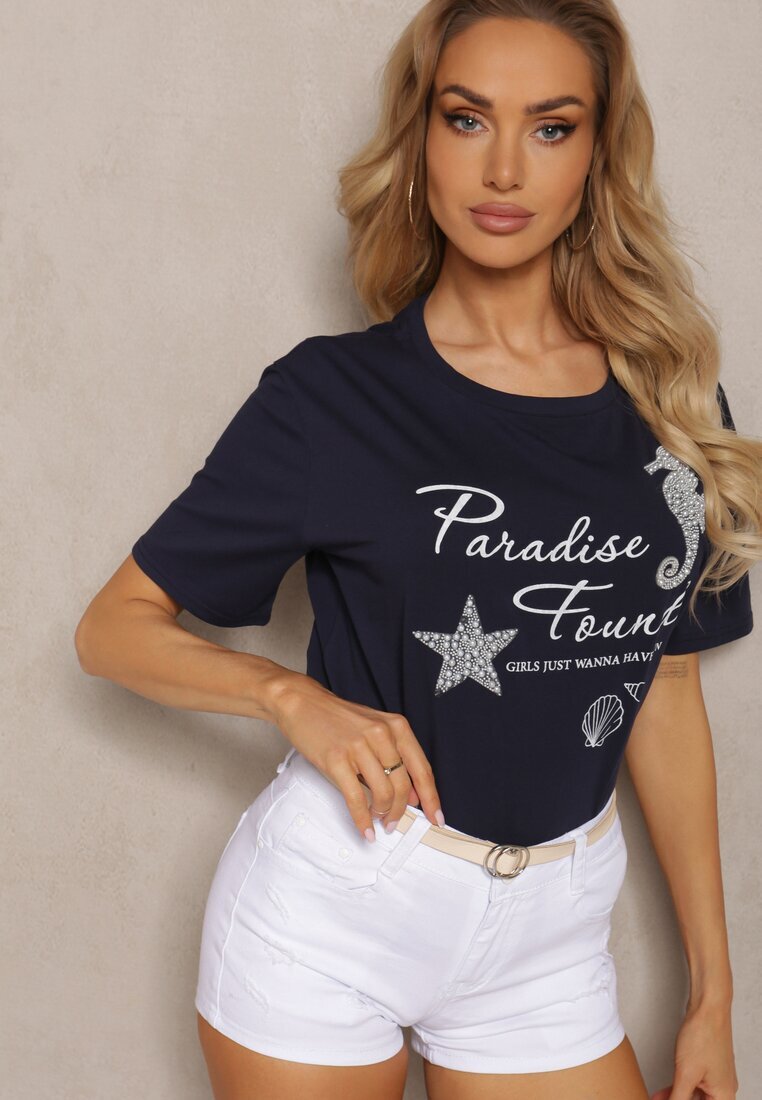 glo-story Tricou casual bleumarin din bumbac cu imprimeu și perle Biolexa