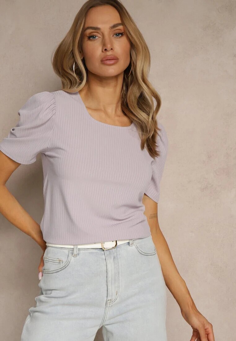 glo-story Tricou mov deschis din material reiat cu pliuri la mâneci Kolaniella