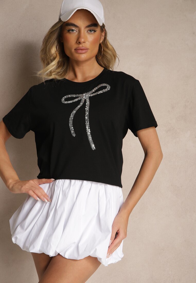 glo-story Tricou Negru de bumbac cu aplicație cu paiete în formă de fundiță Tenuria