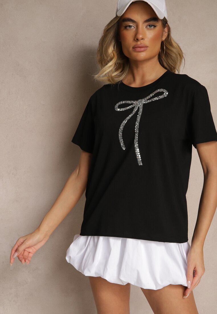 glo-story Tricou Negru de bumbac cu aplicație cu paiete în formă de fundiță Tenuria