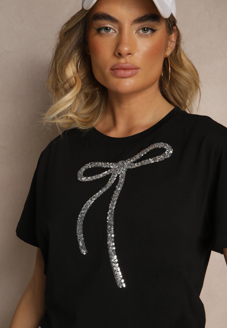 glo-story Tricou Negru de bumbac cu aplicație cu paiete în formă de fundiță Tenuria