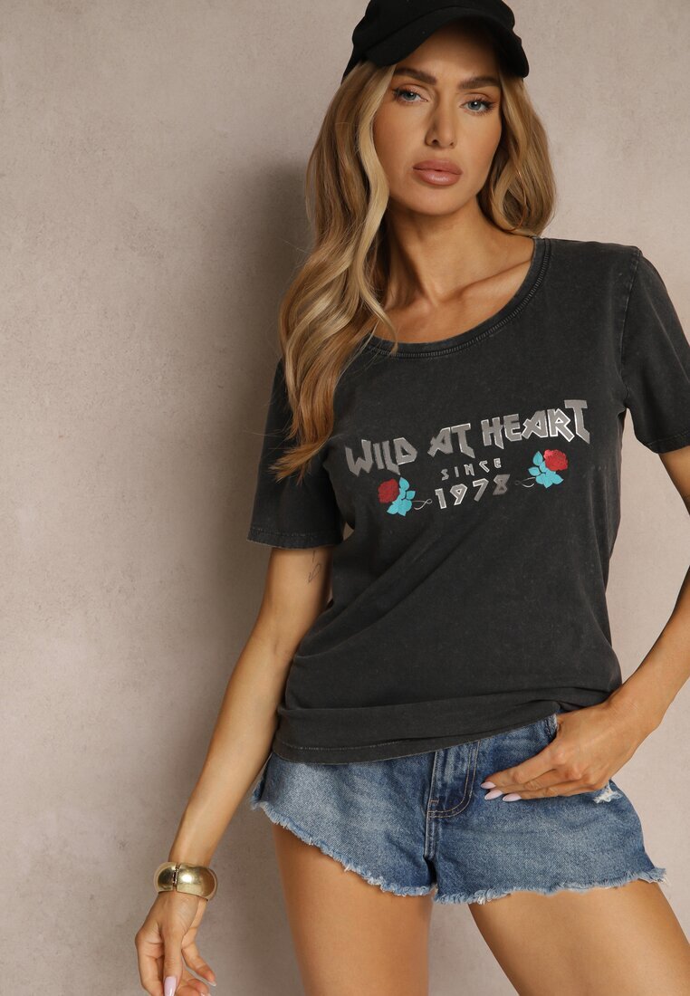 glo-story Tricou Negru din Bumbac Decorat cu Imprimeu Savetelle