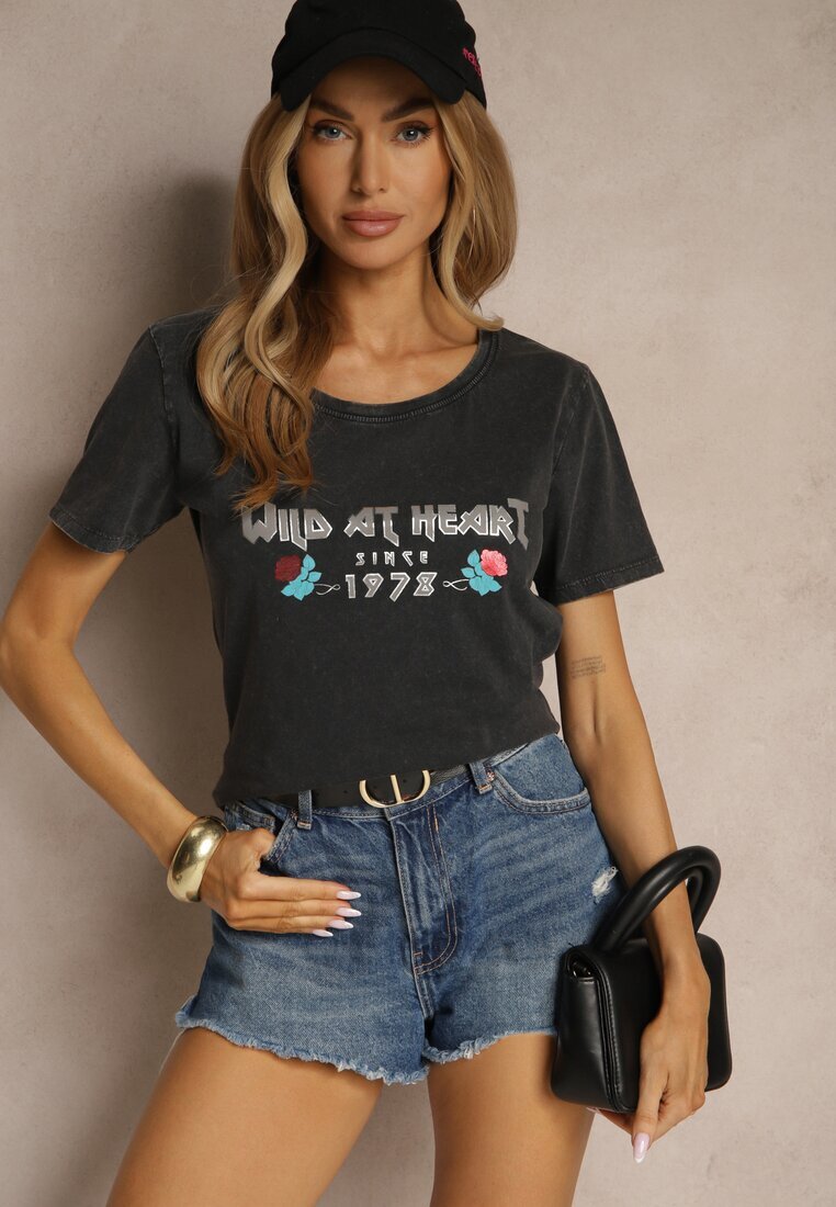 glo-story Tricou Negru din Bumbac Decorat cu Imprimeu Savetelle