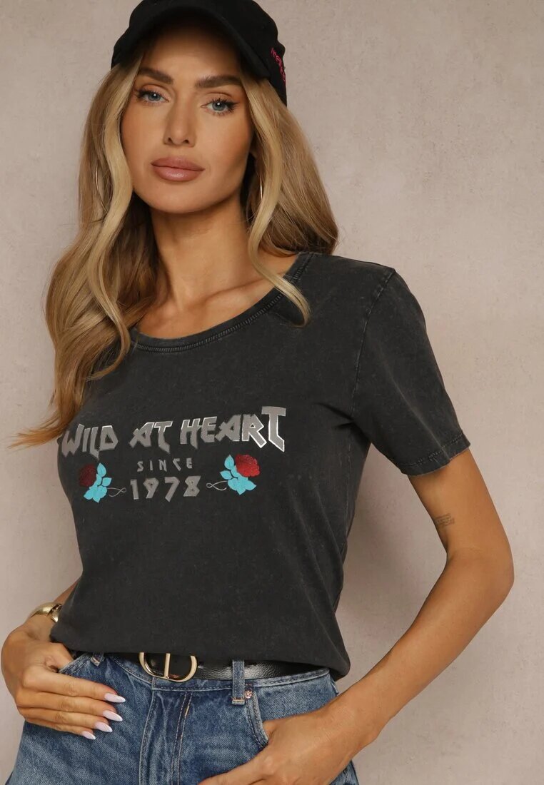 glo-story Tricou Negru din Bumbac Decorat cu Imprimeu Savetelle