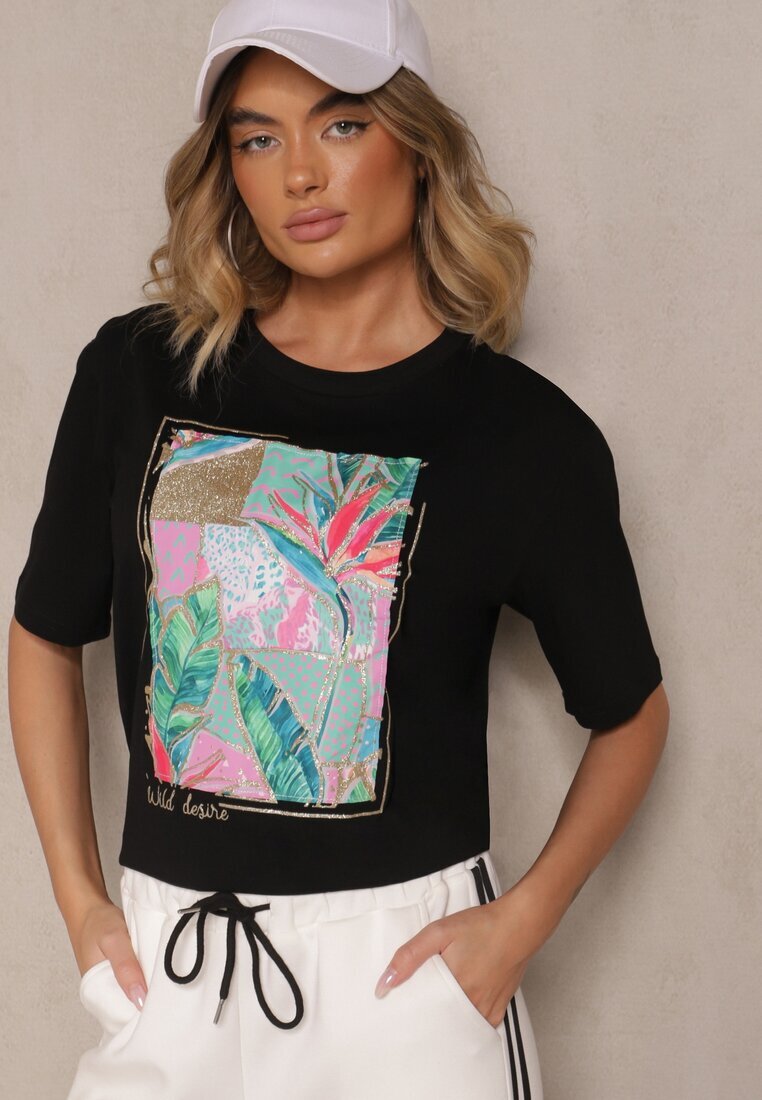 glo-story Tricou Negru din Bumbac Decorat cu Sclipici Isadelle