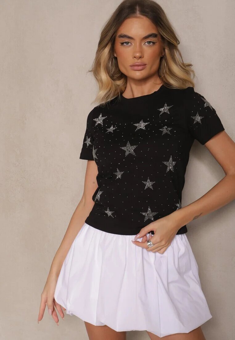 glo-story Tricou Negru din Bumbac Decorat cu Steluțe din Zirconiu Tenenisa