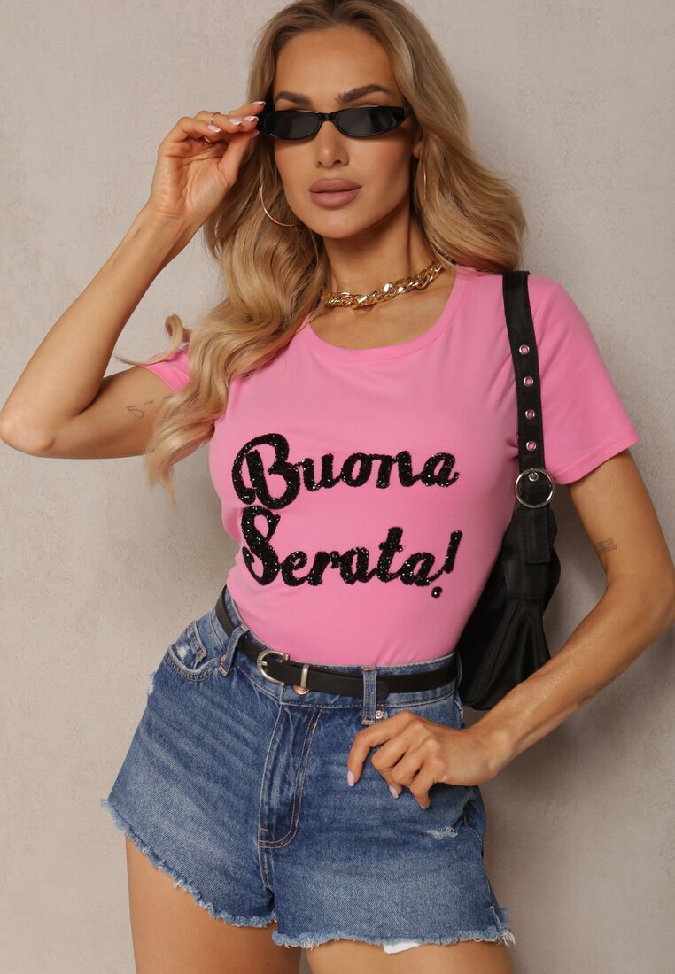 glo-story Tricou Roz Casual din Bumbac Finisat cu Inscripție cu Zirconiu Lavisha