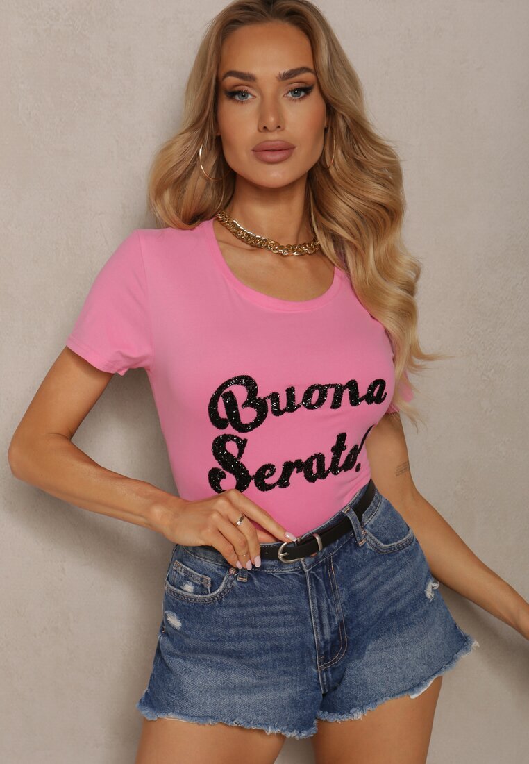 glo-story Tricou Roz Casual din Bumbac Finisat cu Inscripție cu Zirconiu Lavisha