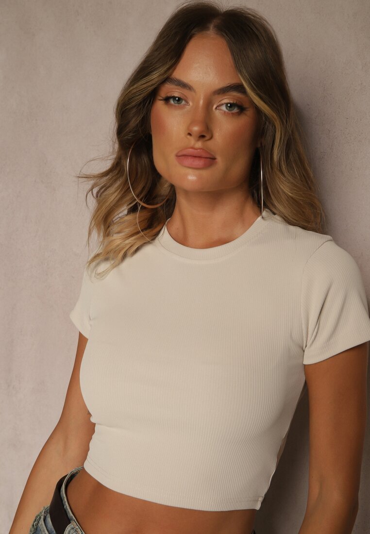 glo-story Tricou scurt bej din țesătură rebrată Teloma