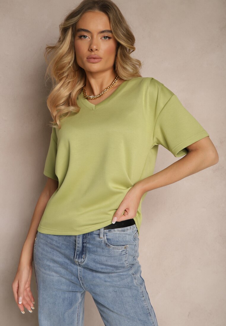 glo-story Tricou Verde cu Decolteu în V Fonellea