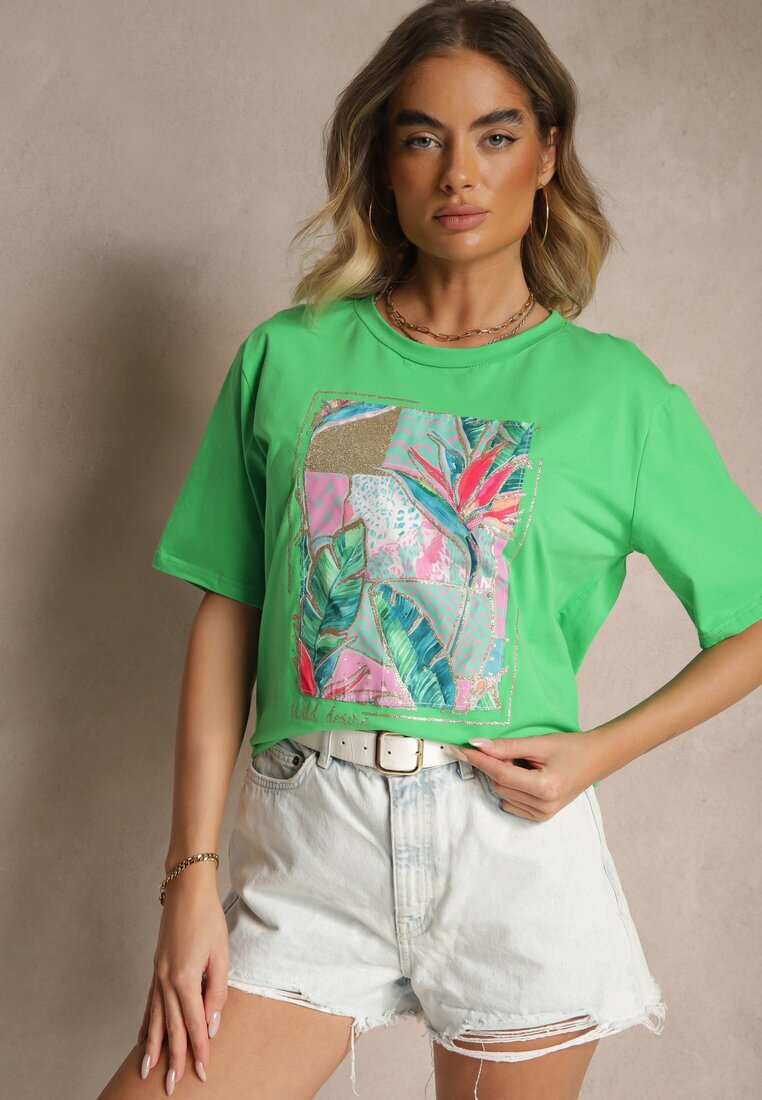 glo-story Tricou Verde din Bumbac Decorat cu Sclipici Isadelle