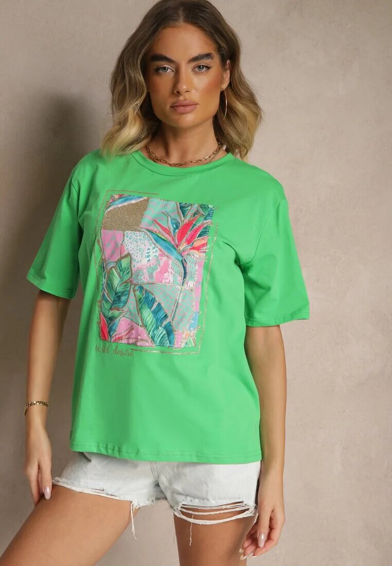 glo-story Tricou Verde din Bumbac Decorat cu Sclipici Isadelle