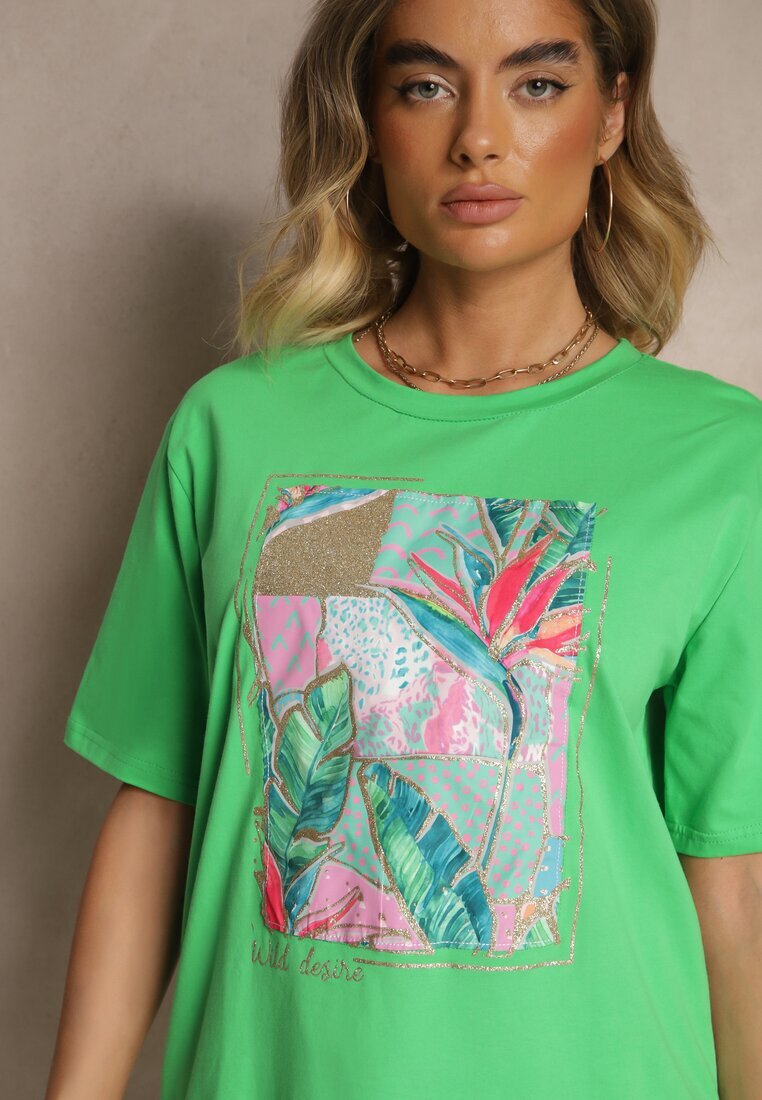 glo-story Tricou Verde din Bumbac Decorat cu Sclipici Isadelle