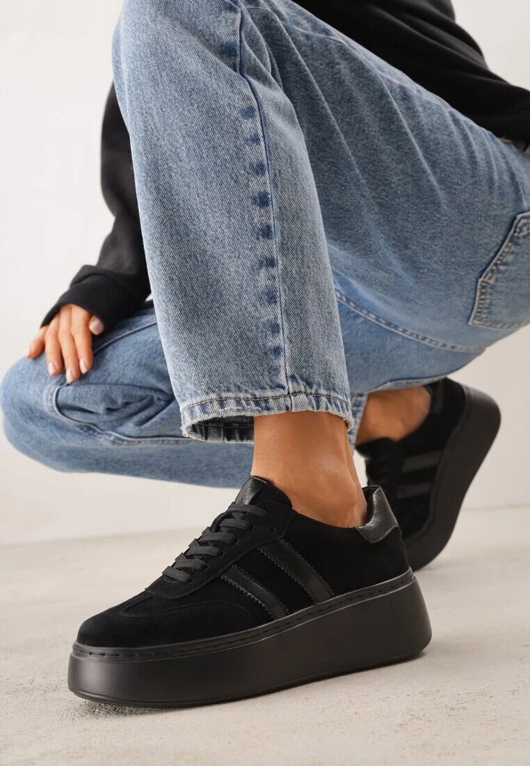 goodin Adidași Negri din Piele întoarsă Naturală pe Platformă cu Branț din Piele Rionelle