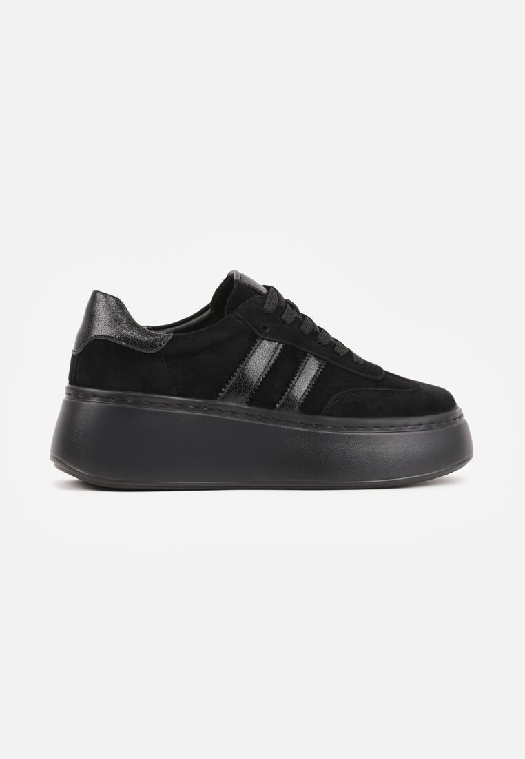 goodin Adidași Negri din Piele întoarsă Naturală pe Platformă cu Branț din Piele Rionelle