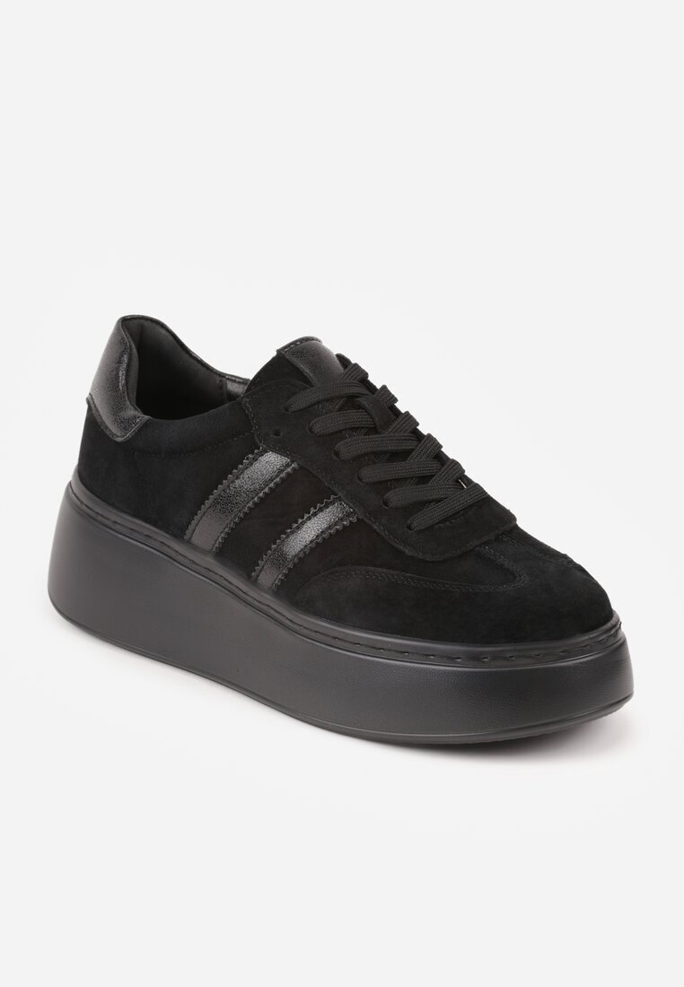 goodin Adidași Negri din Piele întoarsă Naturală pe Platformă cu Branț din Piele Rionelle