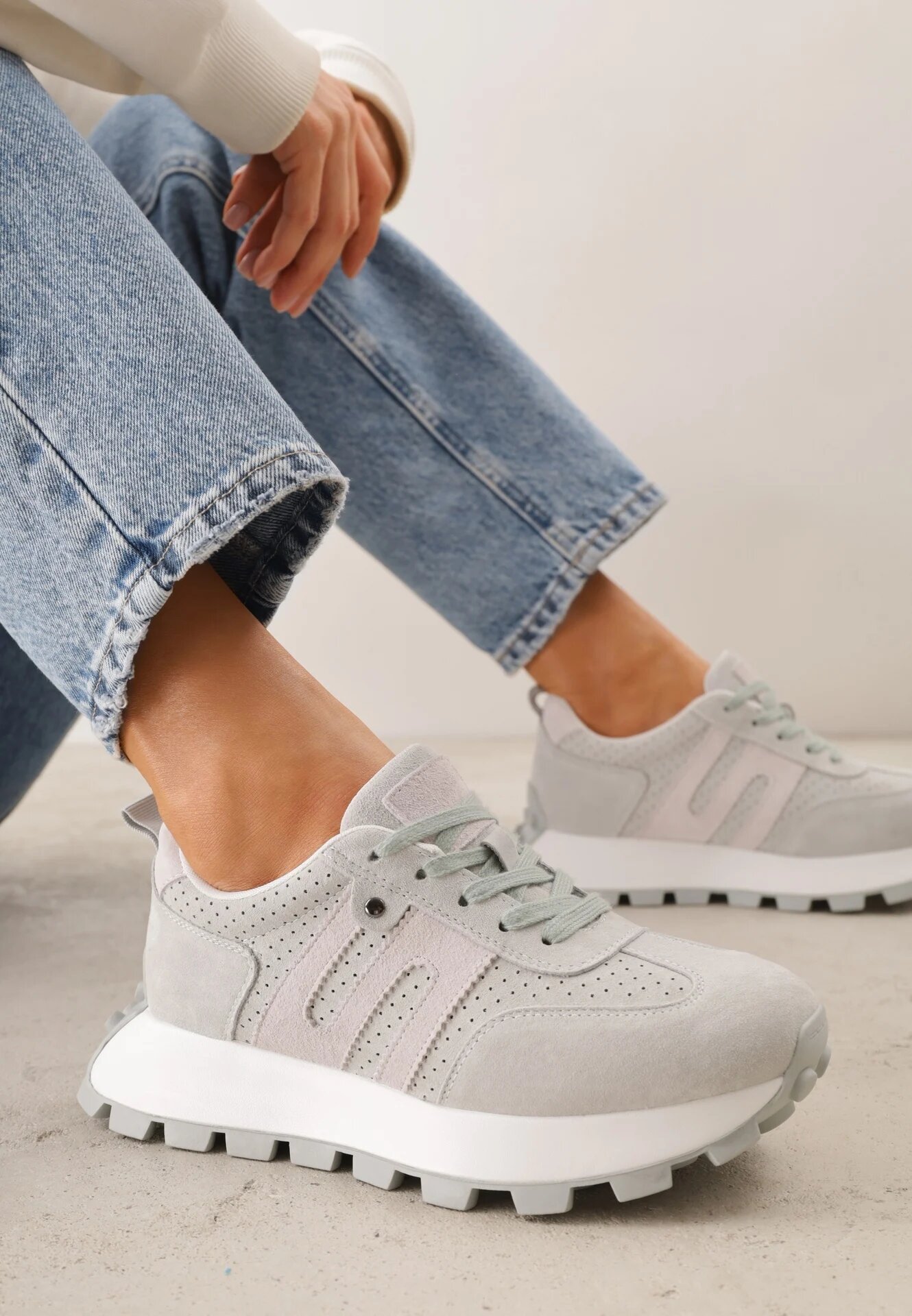 goodin Adidași Verde deschis cu platformă din piele întoarsă naturală cu perforații Zitrina