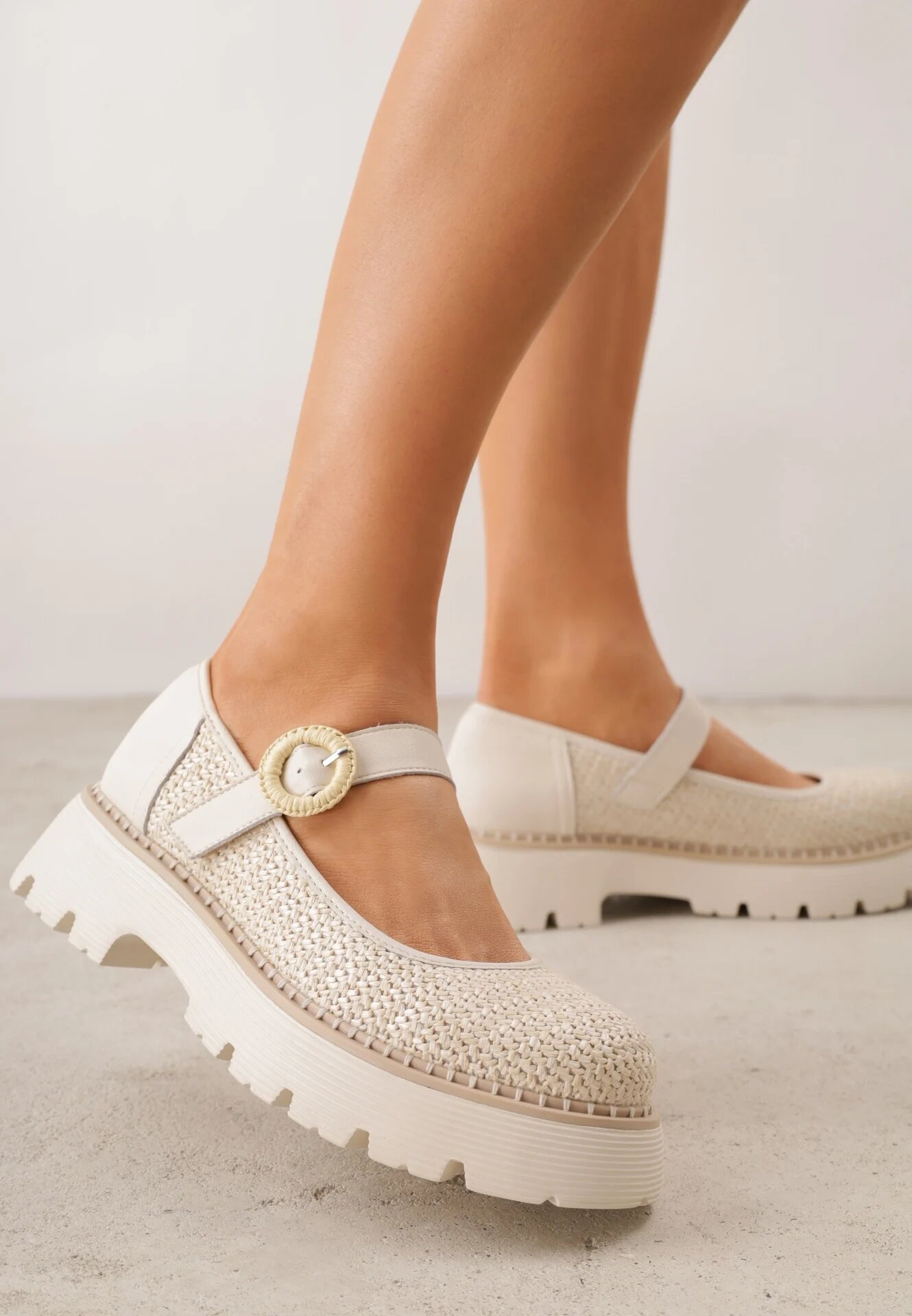 goodin Pantofi din Piele Bej Mary Jane stil Chunky Decorați cu împletitură Morxina