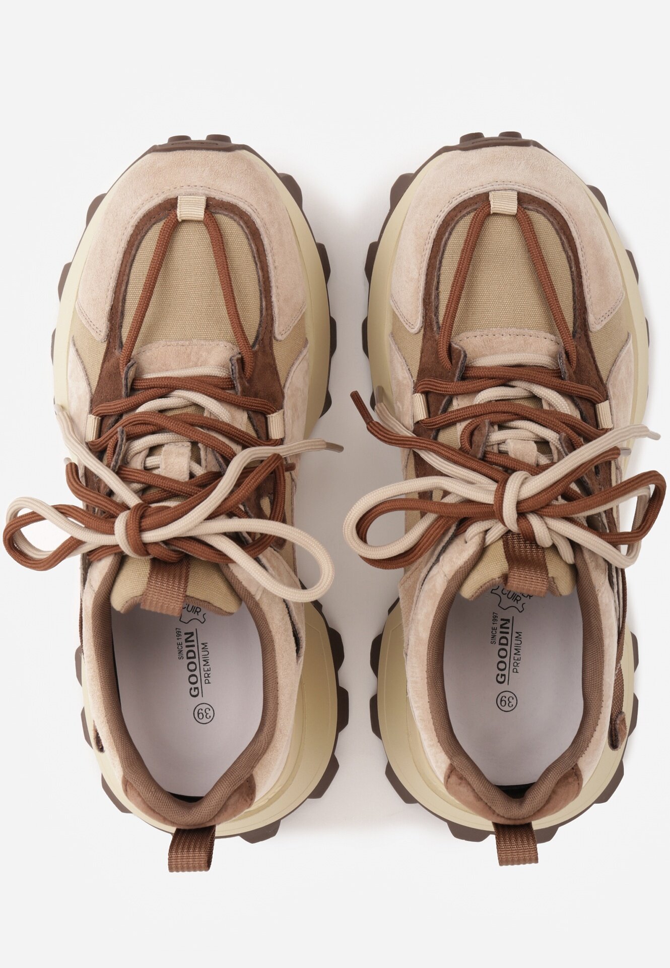 goodin Sneakers chunky din piele întoarsă cu tip cravată dublu și perforații Kildei Bej