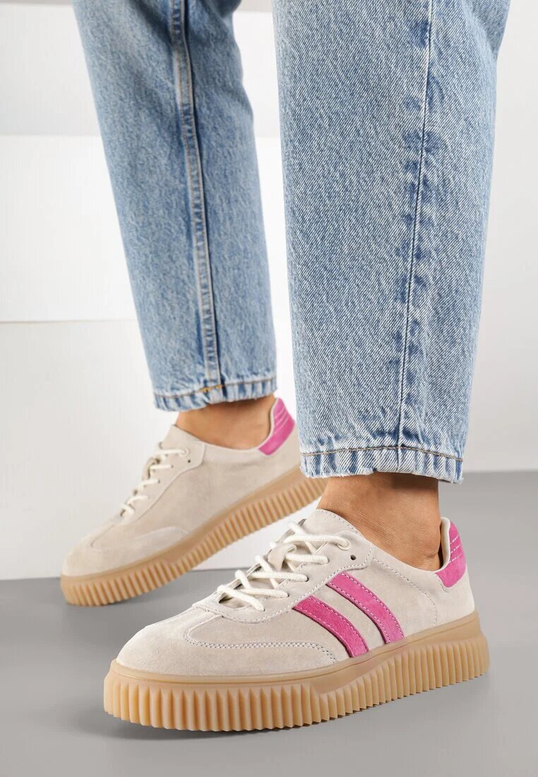 goodin Sneakers Din piele întoarsă Bej și Fucsia în Stilul Tenisilor Iconici cu Branț de Piele Tenannia