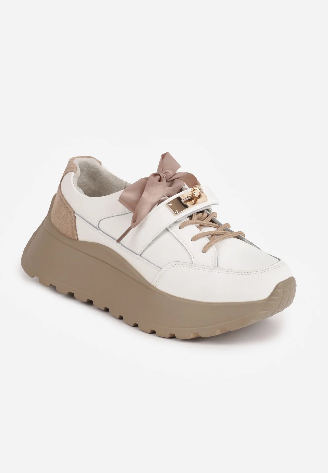 goodin Sneakers din piele naturală decorați cu închidere metalică și fundă din panglică Citlala Albi