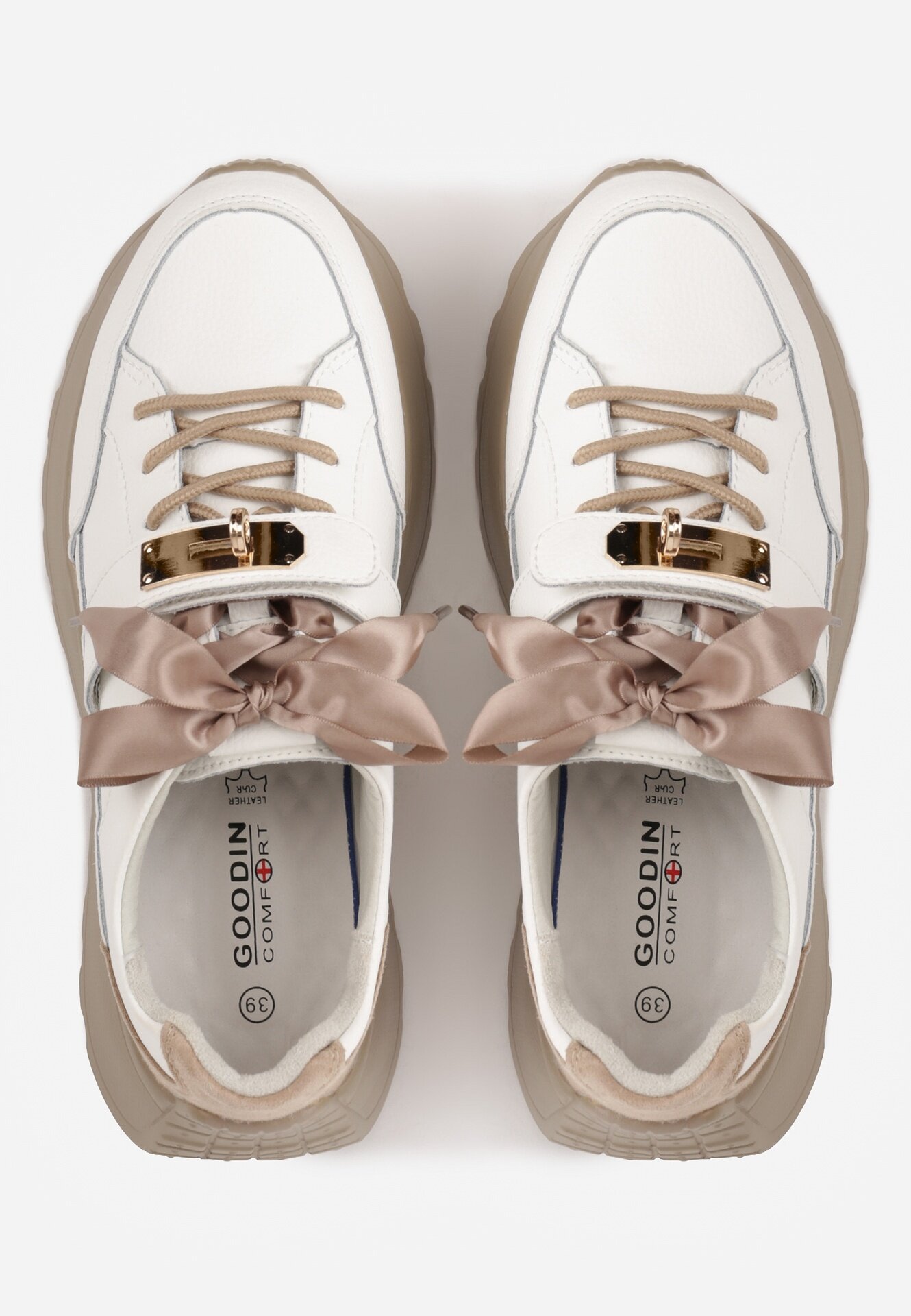 goodin Sneakers din piele naturală decorați cu închidere metalică și fundă din panglică Citlala Albi