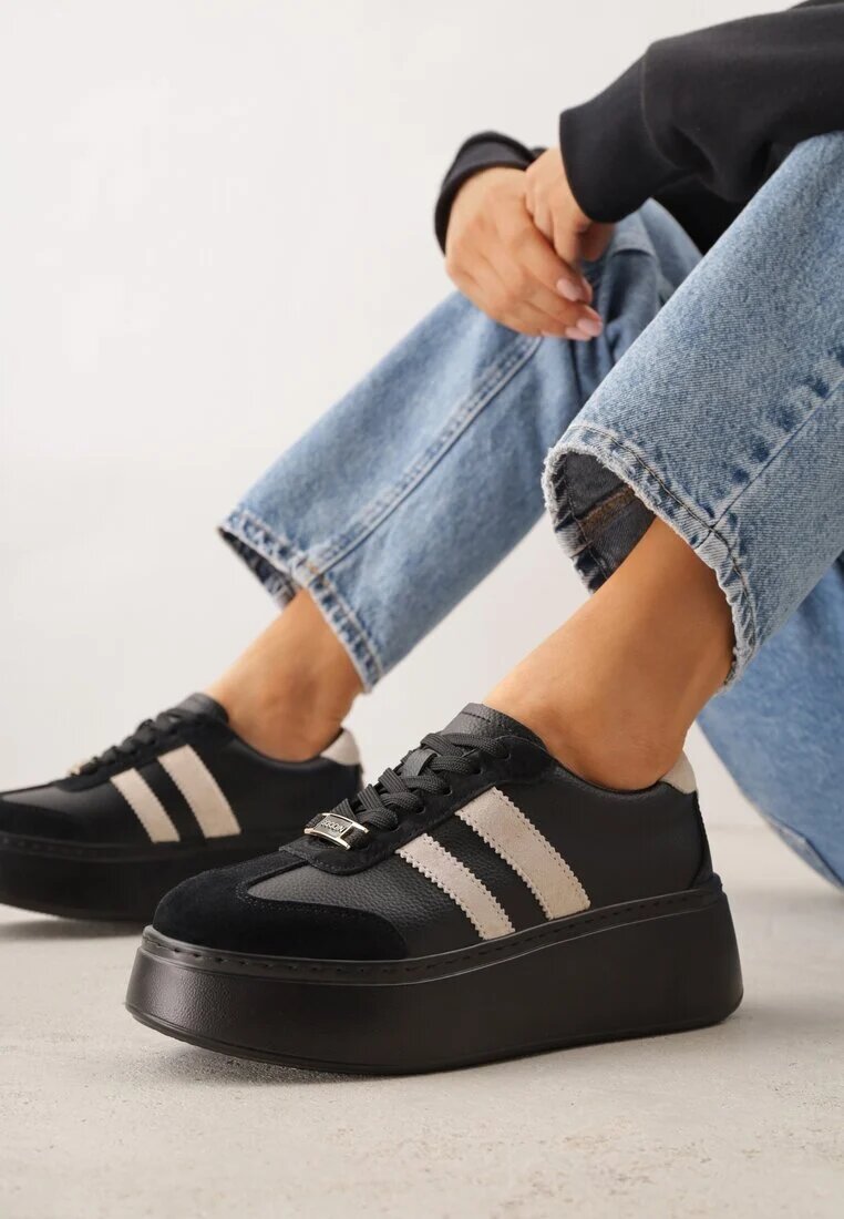 goodin Sneakers Negru-Bej pe Platformă din Piele Naturală Decorate cu Benzi Sovimi