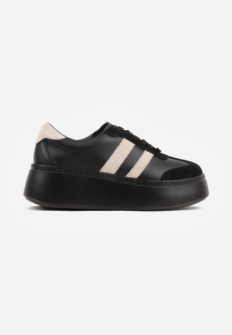 goodin Sneakers Negru-Bej pe Platformă din Piele Naturală Decorate cu Benzi Sovimi