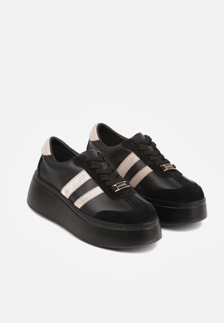 goodin Sneakers Negru-Bej pe Platformă din Piele Naturală Decorate cu Benzi Sovimi