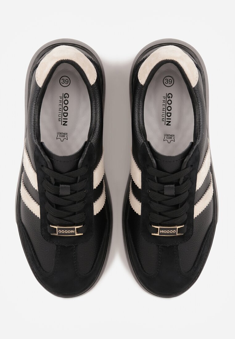 goodin Sneakers Negru-Bej pe Platformă din Piele Naturală Decorate cu Benzi Sovimi
