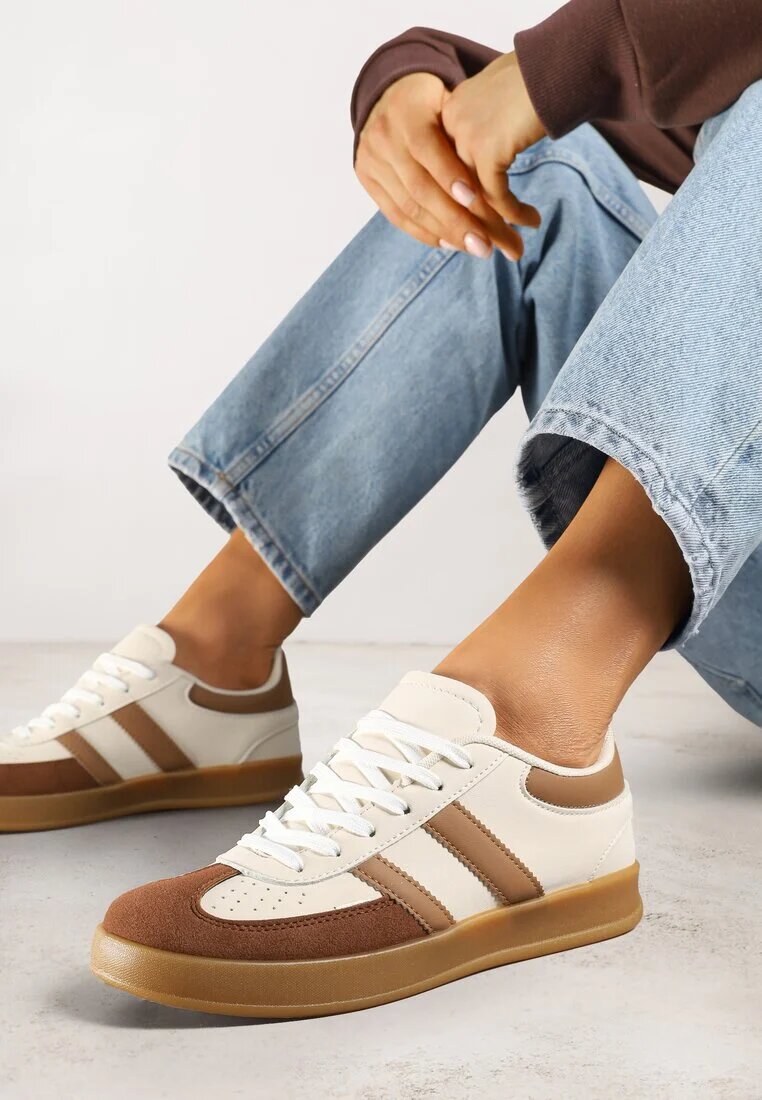 gowin Sneakers Bej-alb în Stilul Tenisilor Clasici Decorați cu Cusături Ivelfia