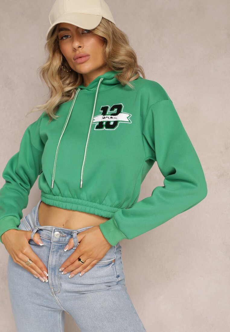 h&s Bluza scurtă verde cu glugă cu tiv și manșete striate și imprimeu decorativ Relis