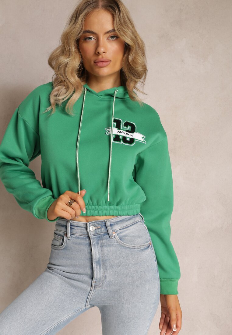 h&s Bluza scurtă verde cu glugă cu tiv și manșete striate și imprimeu decorativ Relis