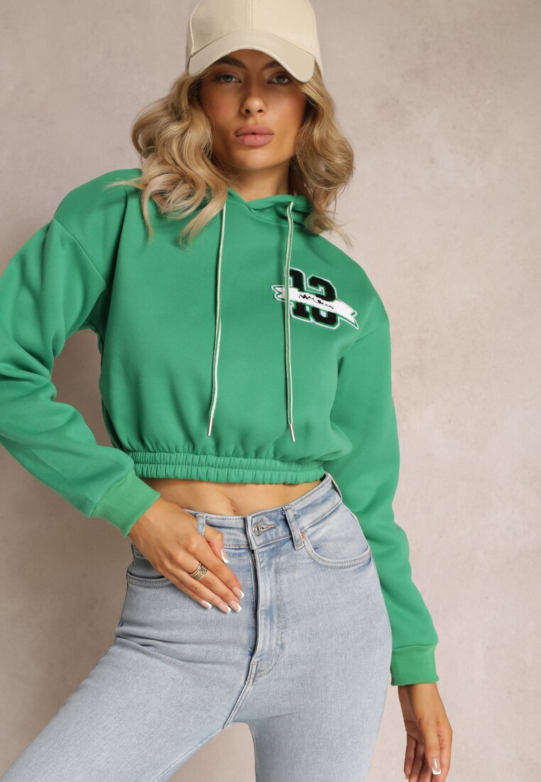 h&s Bluza scurtă verde cu glugă cu tiv și manșete striate și imprimeu decorativ Relis