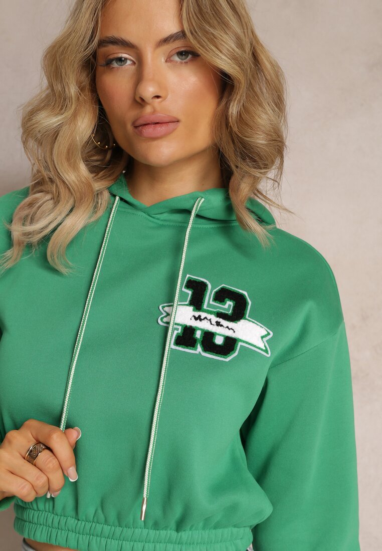 h&s Bluza scurtă verde cu glugă cu tiv și manșete striate și imprimeu decorativ Relis