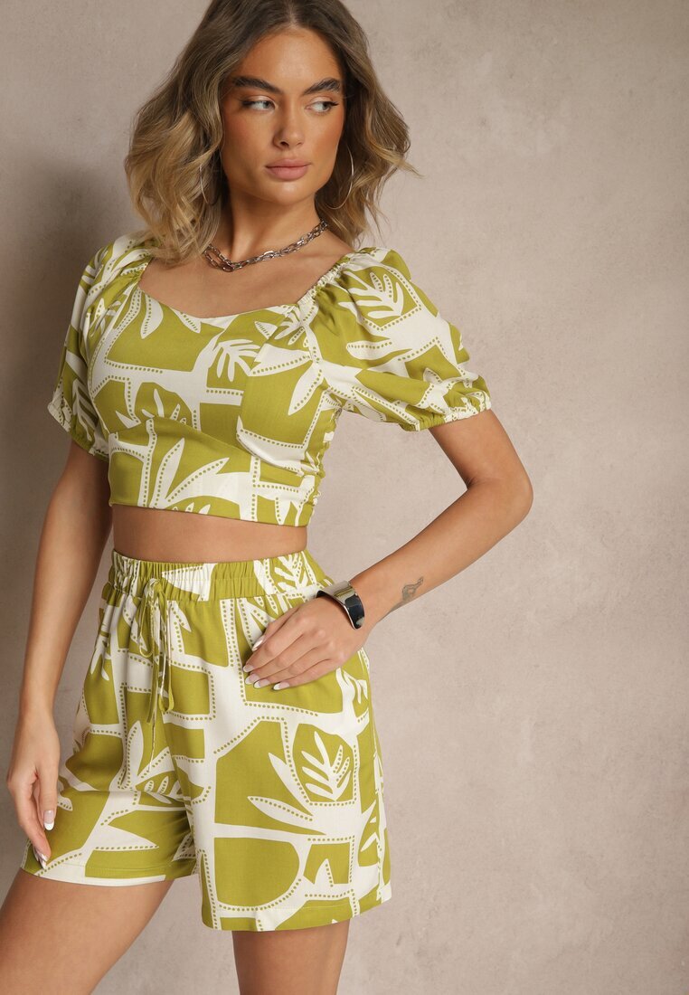 h&s Compleu verde din vâscoză cu imprimeu vegetal Pantaloni scurți și Bluză Felindera