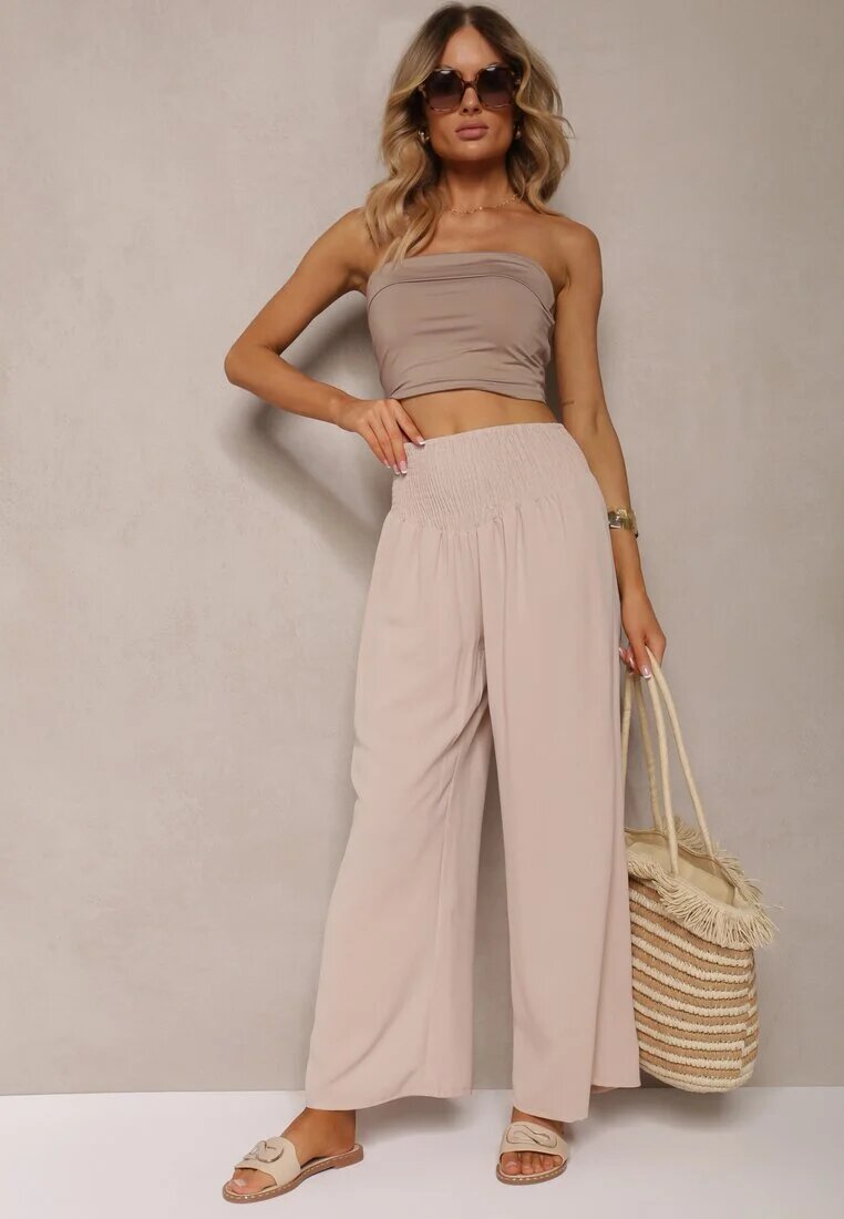 h&s Pantaloni Bej Culottes cu Talie Înaltă și Elastic Lipadre