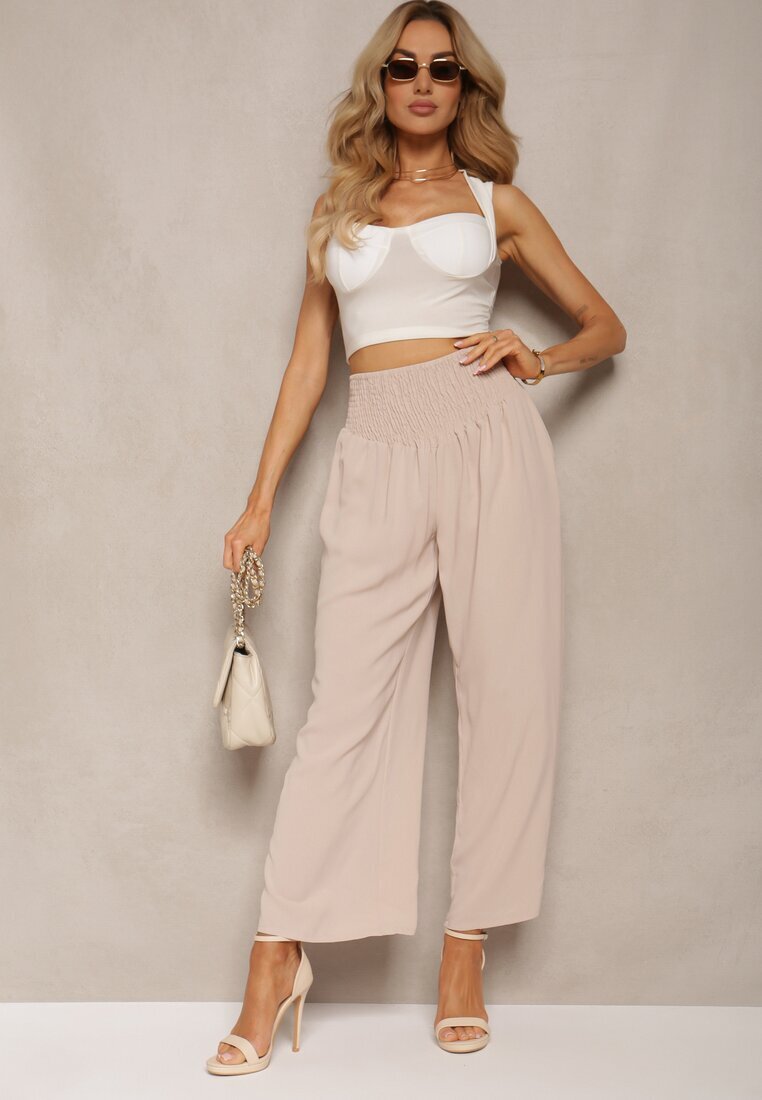 h&s Pantaloni Bej Culottes cu Talie Înaltă și Elastic Lipadre
