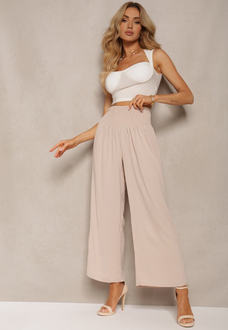 h&s Pantaloni Bej Culottes cu Talie Înaltă și Elastic Lipadre
