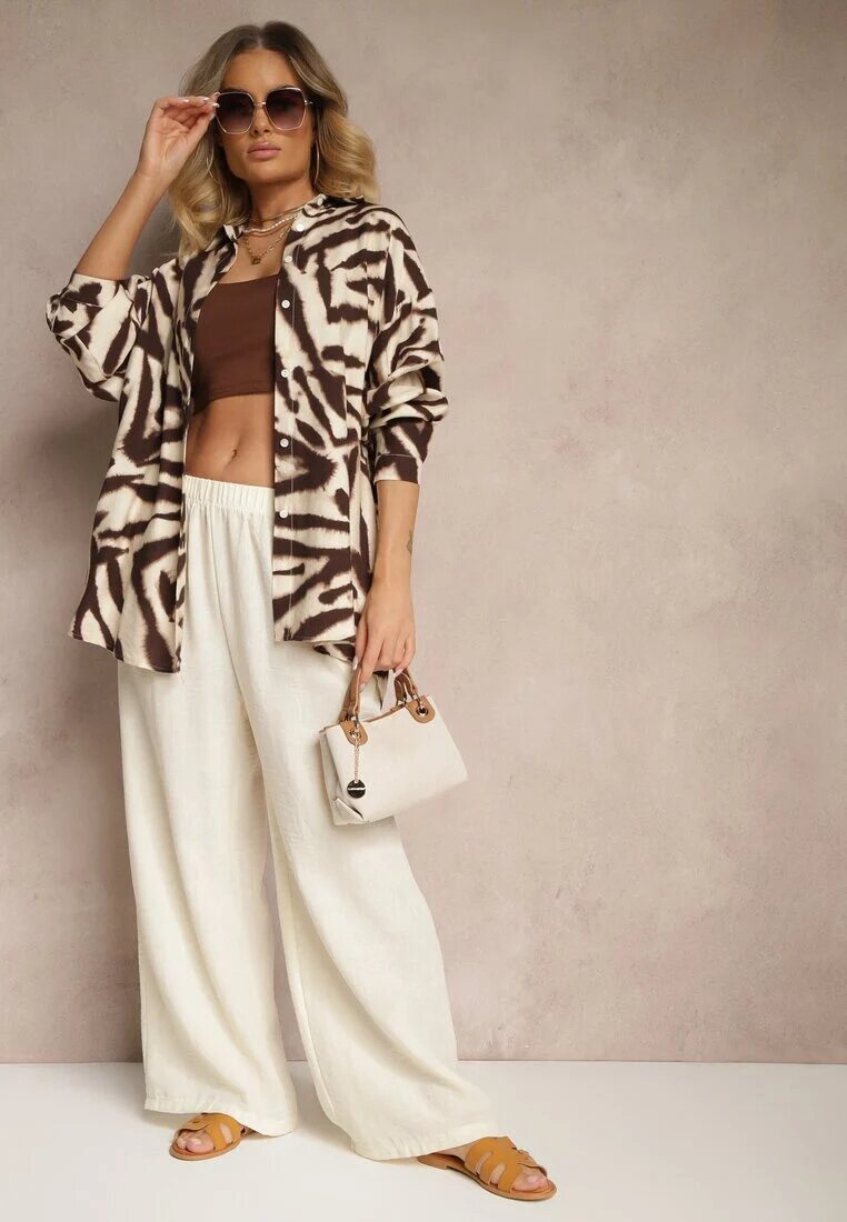h&s Pantaloni bej deschis Palazzo cu croială largă High Waist Ollevia