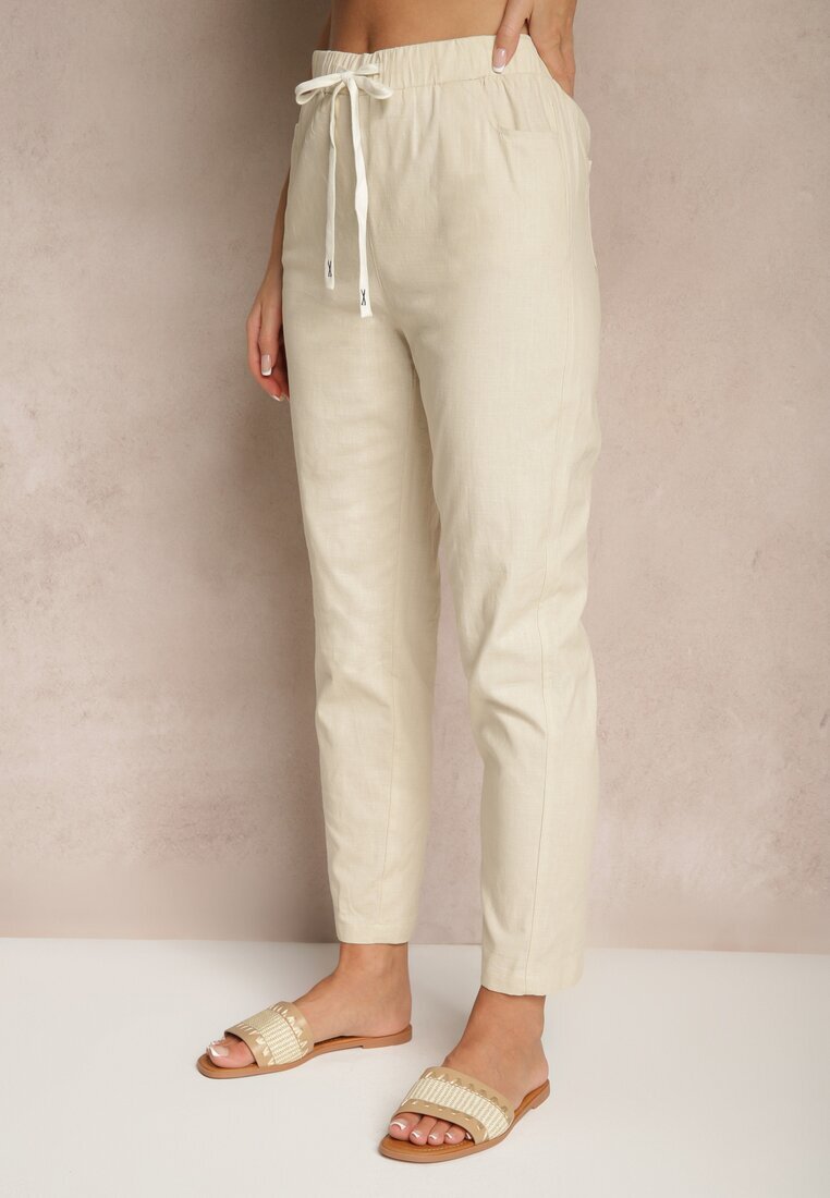 h&s Pantaloni bej închis din bumbac cu legătură decorativă Siltebia