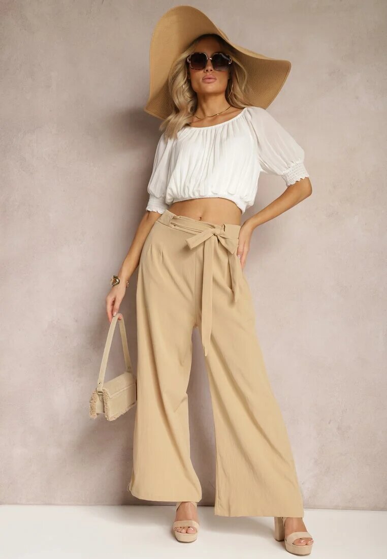 h&s Pantaloni Bej închis Largi cu curea din material textil tip Paper Bag Lasette